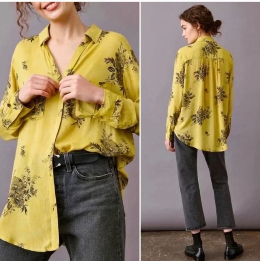 Anthropologie Pilcro Romy Floral Chartreuse Buttondown Blouse